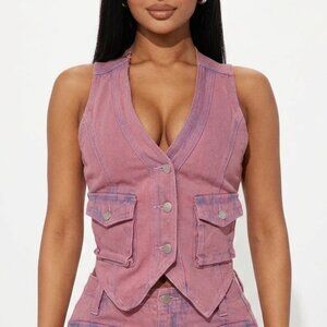 Fashion Nova Pink Denim Cargo Vest Bold Moves Acid Wash Sleeveless Utility Small